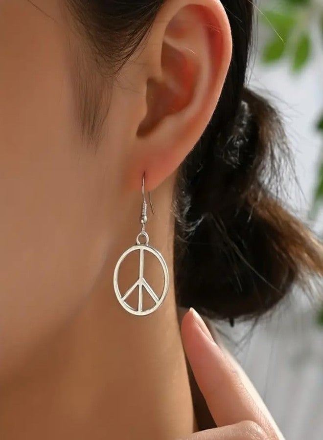 POYAMUSE Silver Peace Earrings for Women, Simple Peace Sign Dangle Earrings for Women - Retro Hippie Jewelry - Silver - Image 2